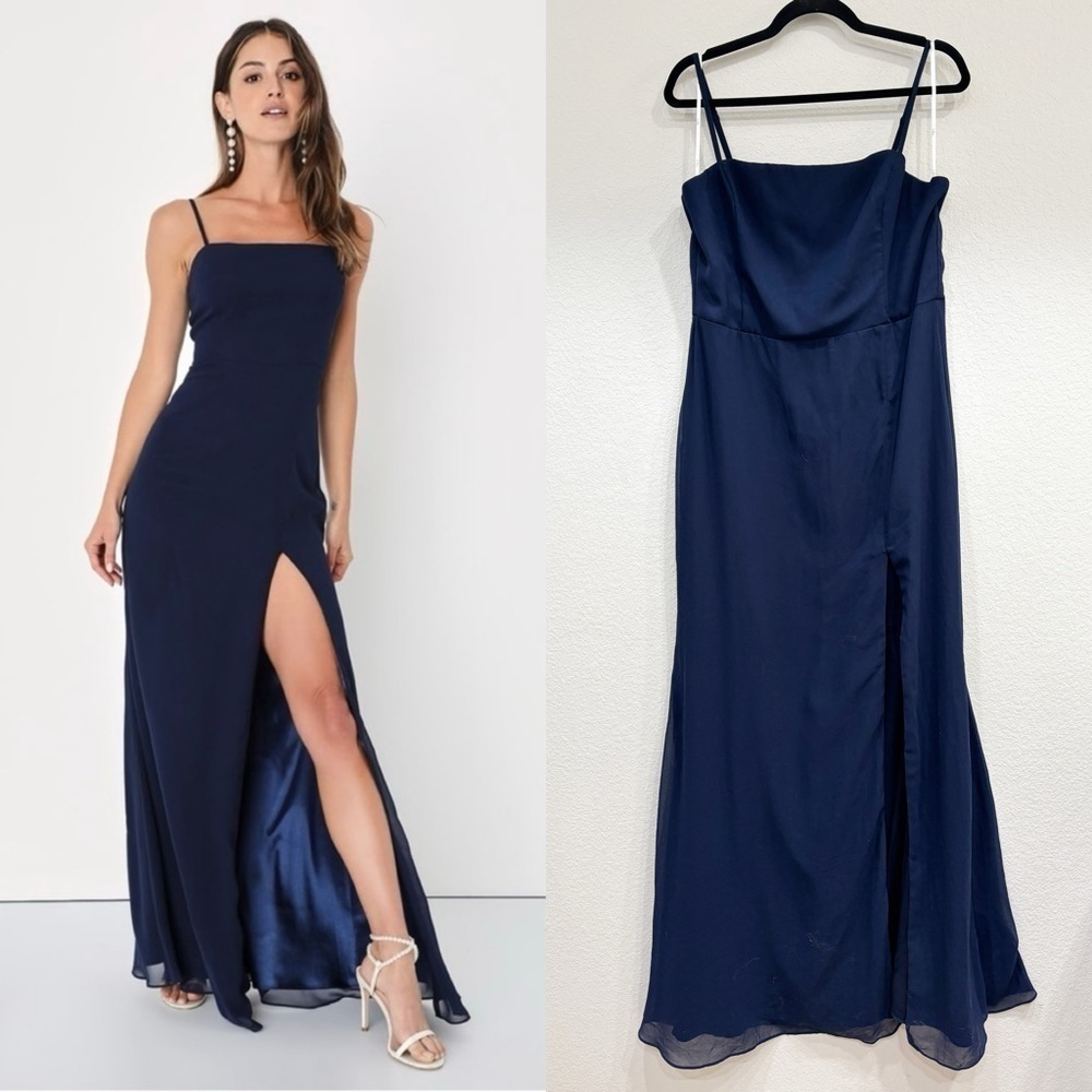 NWOT Lulus Feeling Elegant Navy Blue Lace-Up Slit Maxi Dress